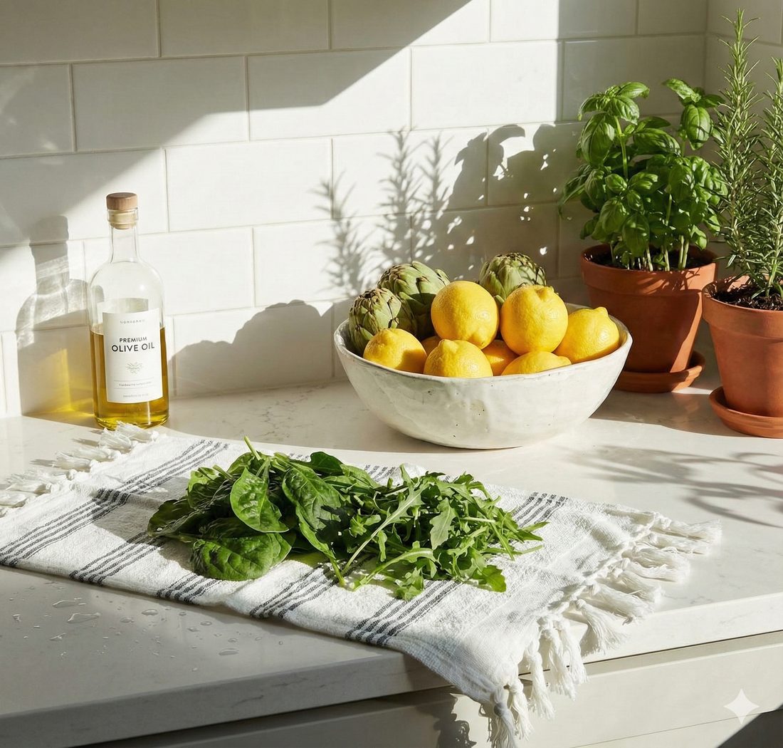 Pano de prato Tramatto sobre bancada com ingredientes frescos