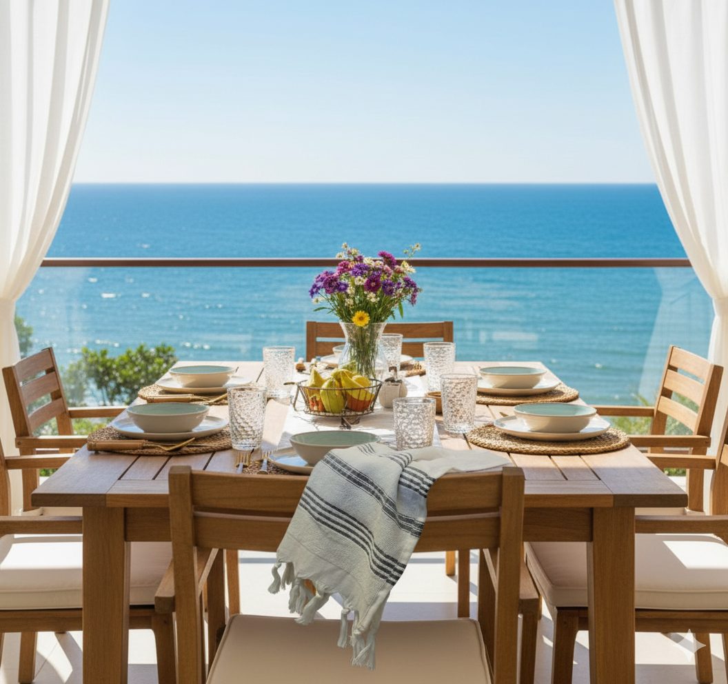 Mesa decorada com pano de prato Tramatto e vista para o mar